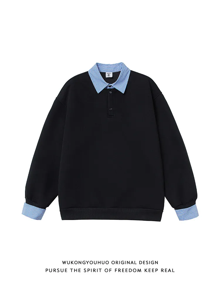 

Korean Fake Two-piece Striped Splicing Shirt Collar Sweater Men's American Retro Casual Long-sleeved Polo Shirt