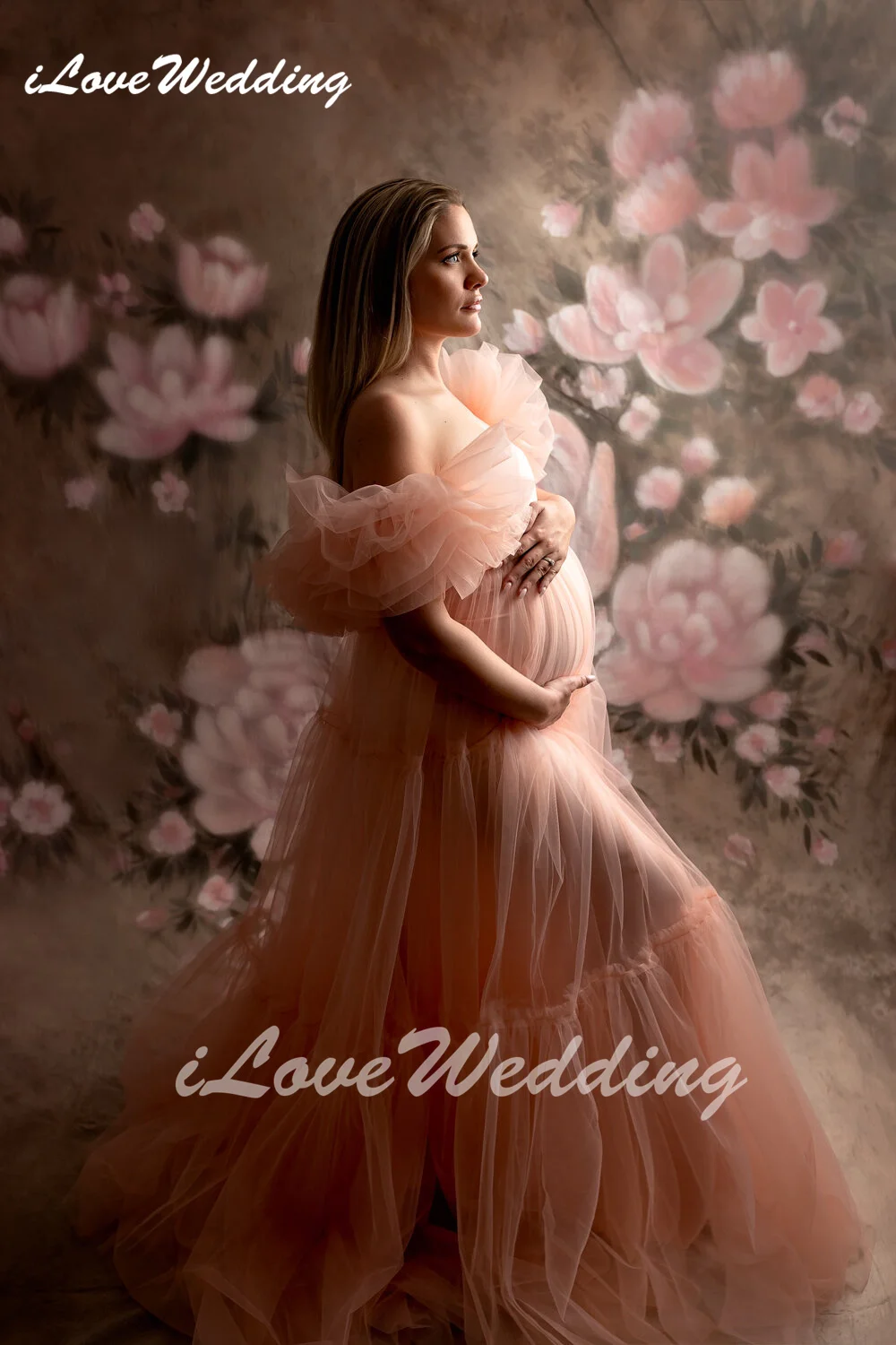 Blush Maternity Dresses A-Line Square Collar Tiered Pregnant Women Gown for Photoshoot Tulle Off Shoulder Pregnancy Babyshower