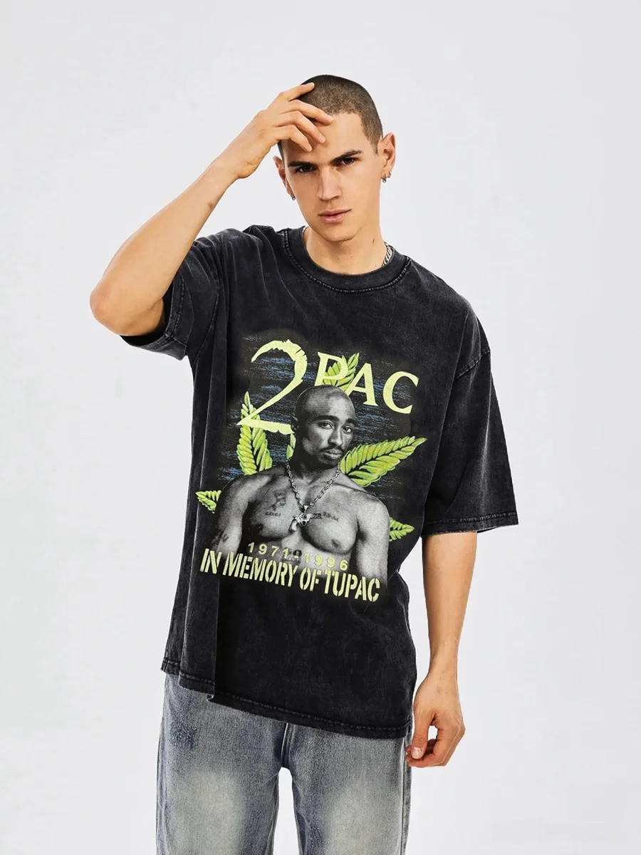 Rap Singer Tupac Green Plant Portrait Big Face Vintage Washed Short Sleeve T-Shirt Summer Casual Style Breathable Cotton Tee