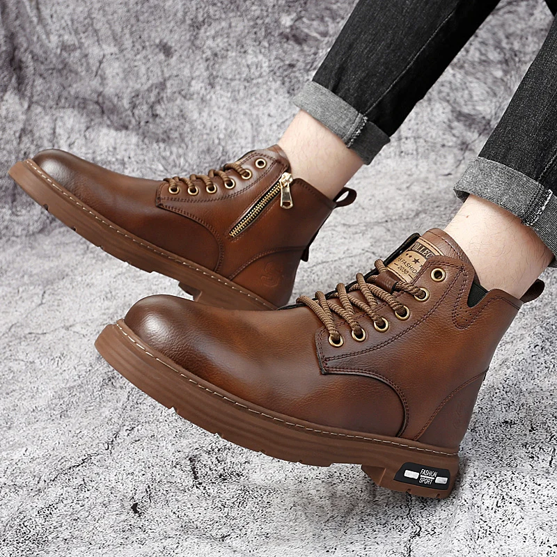 

Genuine Leather Mens Shoes lace up High-top Fashion Shoes Comfortable Motorcycle Boots Street Style Male Casual Ankle Boots