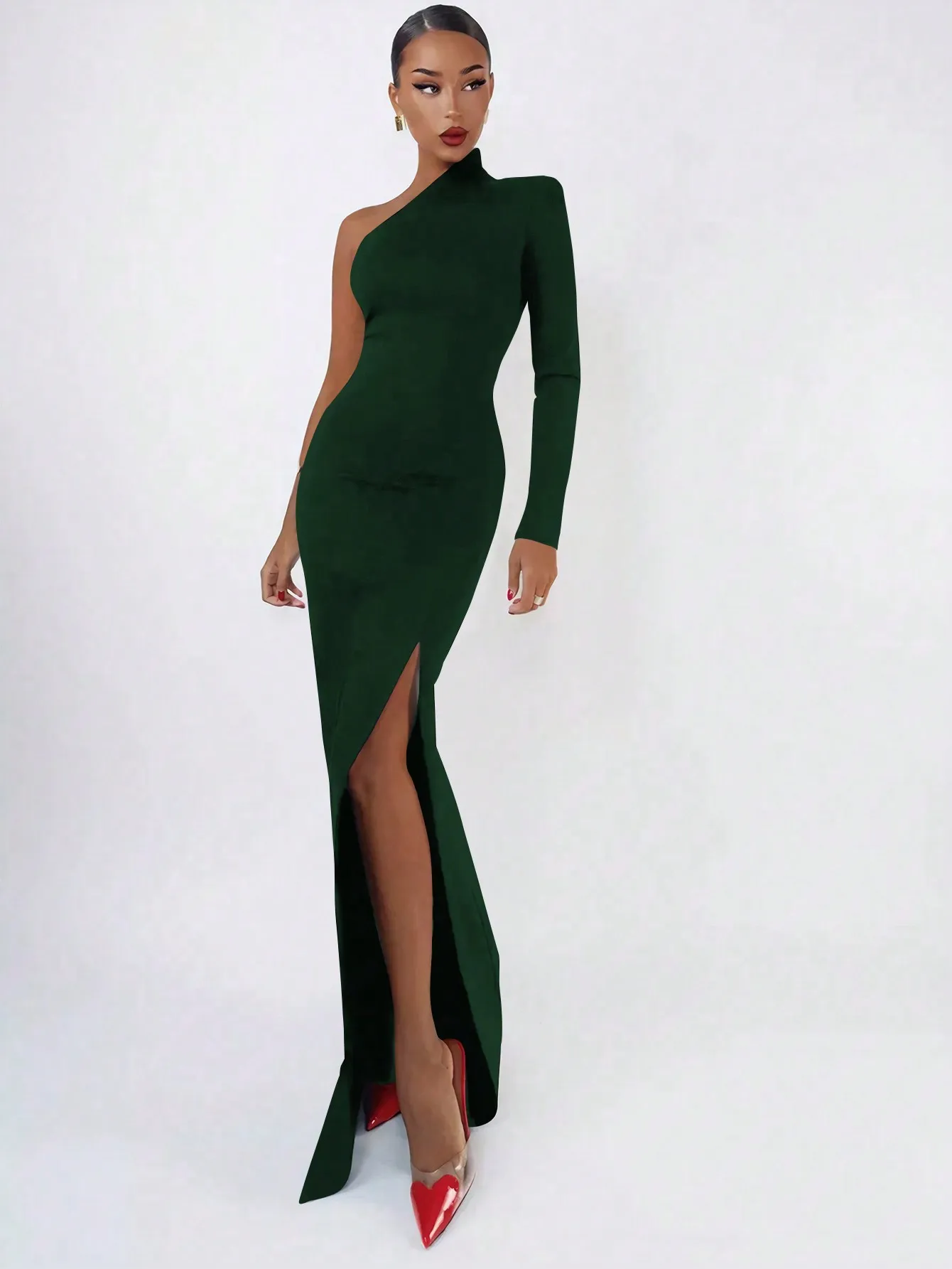 Women's Fashion Spring Summer Sexy Elegant GreenLong Sleeve One Shoulder Long Bodycon Dress Party Cocktail Evening Dress Clothes