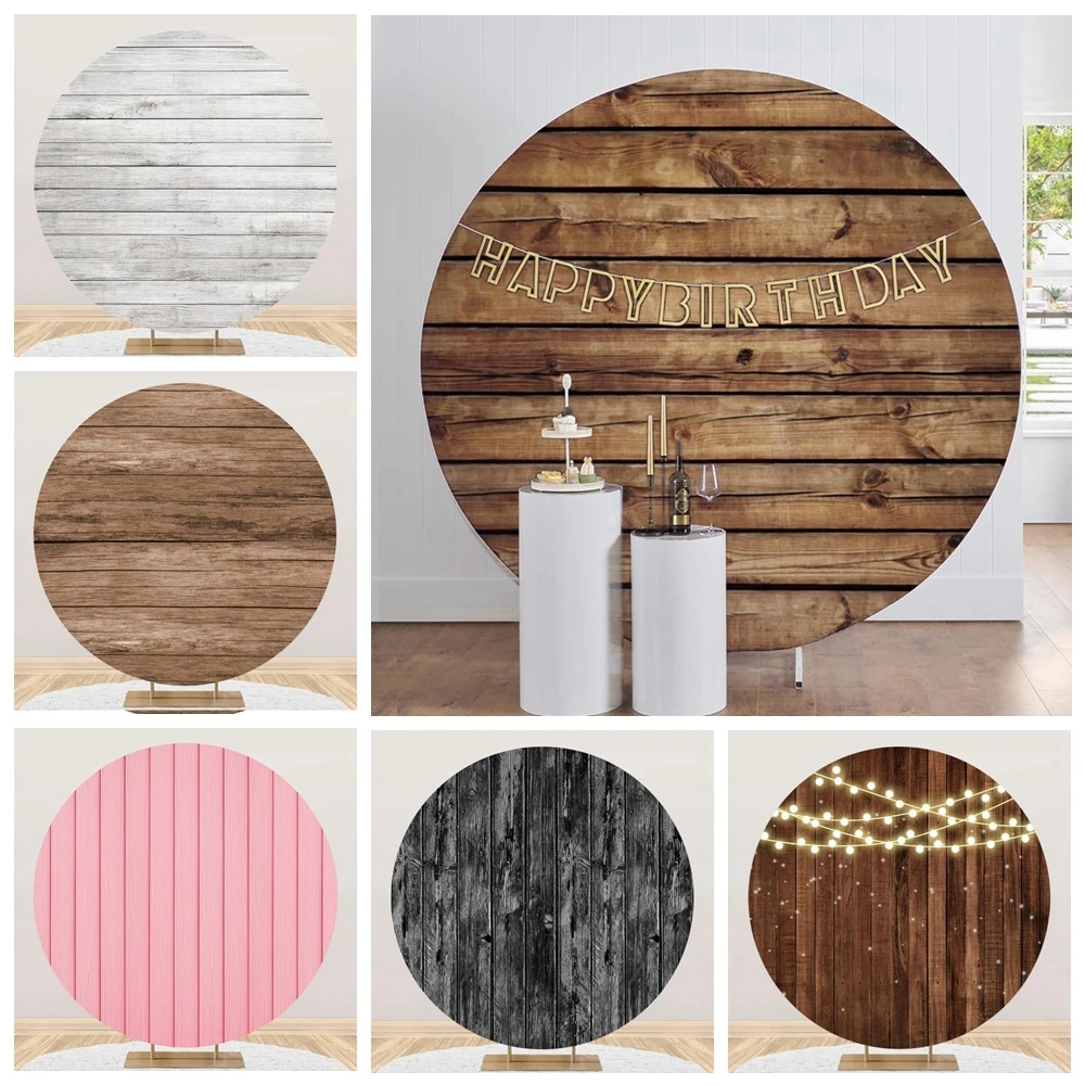 Rustic Wood Board Round Backdrop Cover Retro Wooden Plank Baby Shower Wedding Birthday Party Photography Background Photo Studio