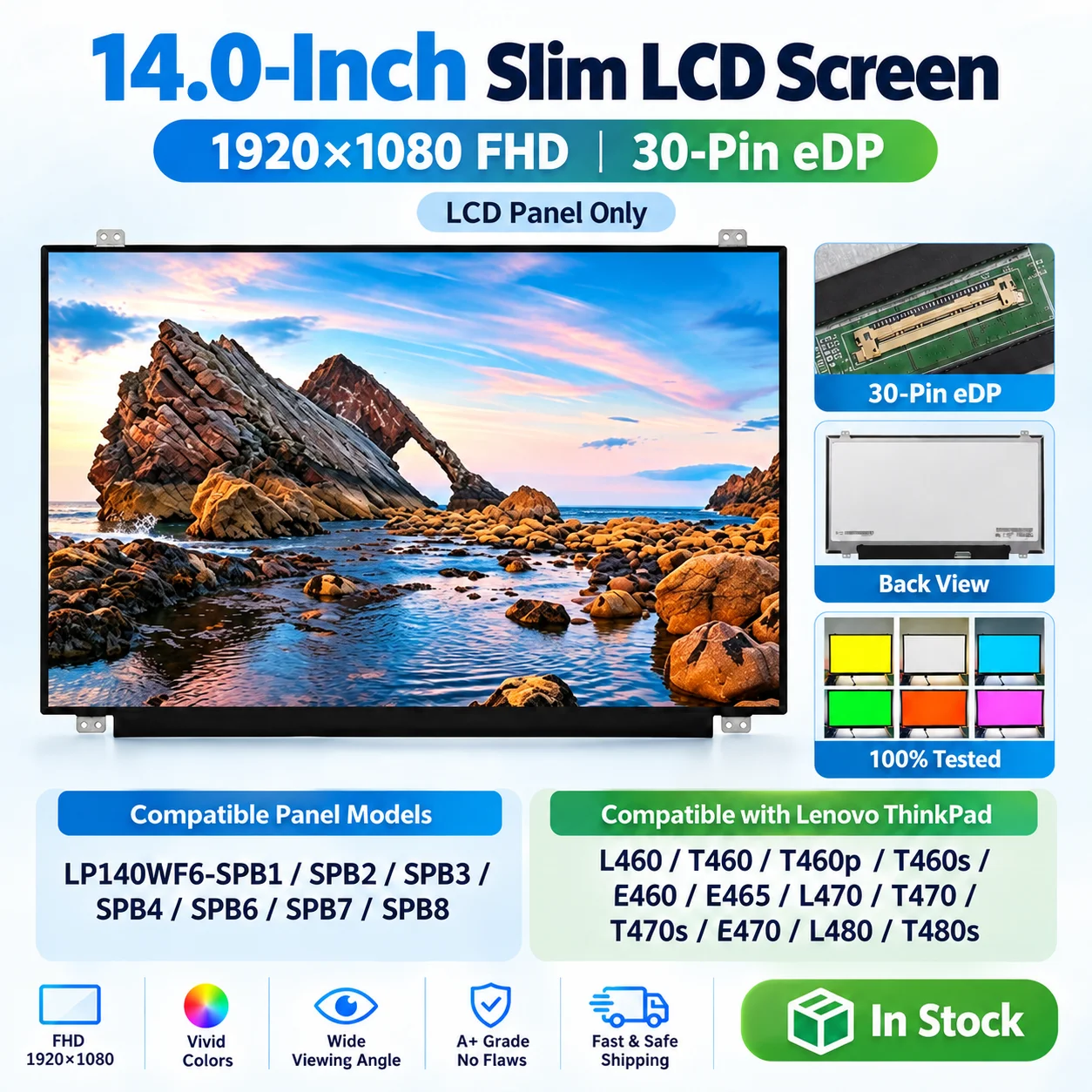 14.0 Laptop LCD Screen LP140WF6 SPB1 SPB2 SPB3 SPB4 SPB6 SPB7 SPB8 For Lenovo ThinkPad T460 T470 T480 E465 IPS 1920x1080 30pin