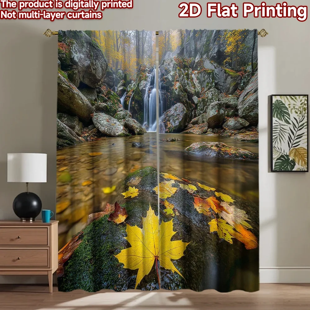 2D flat printing 2pcs Curtains Autumn Waterfall Yellow Umbrella Digital Printed Polyester Drapes Festive Holiday Use for Holiday