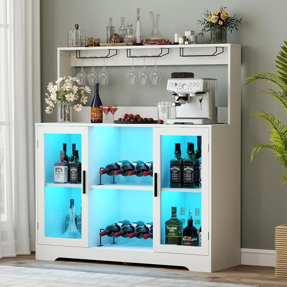 Armário de bar de vinho para casa, armário de bebidas com luzes LED, tomada de energia, armazenamento, suporte de óculos para sala de estar, sala de jantar