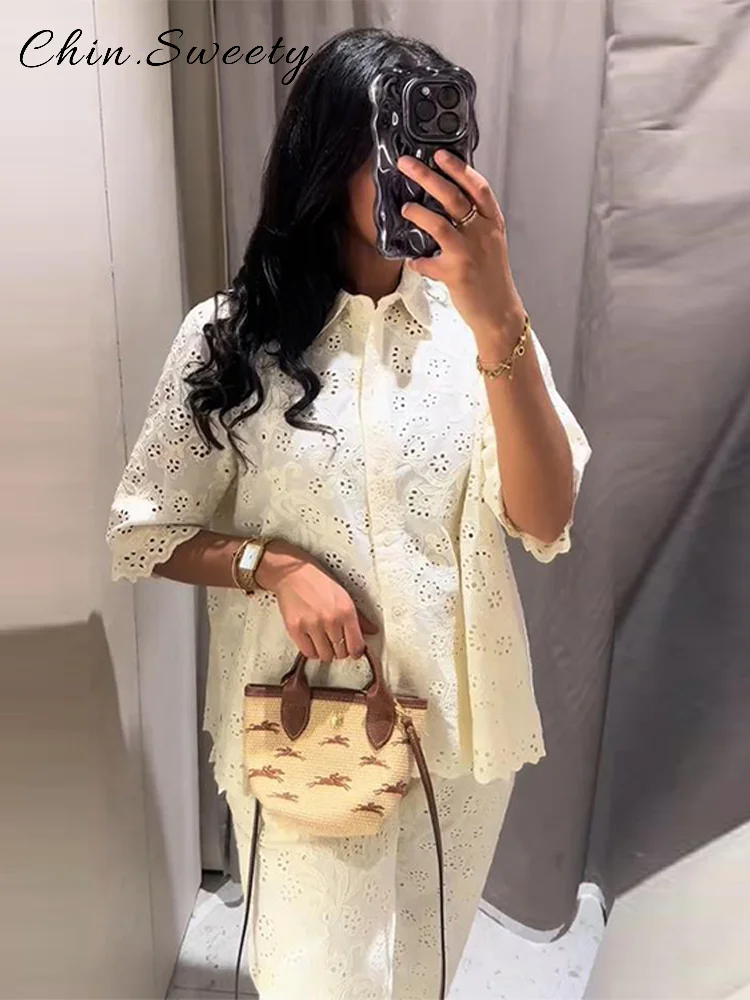 

Chic Hollow Out Embroidery Trousers Set Women Lapel Half Sleeve Single Breasted Shirt Straight Pant 2025 Summer Lady Outfits New