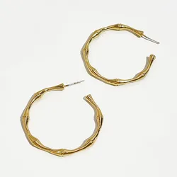 Peri'sBox C Shape Geometric Bamboo Earrings Textured Medium Hoop Earrings for Women Minimalist Brass Gold Color Earrings Fashion