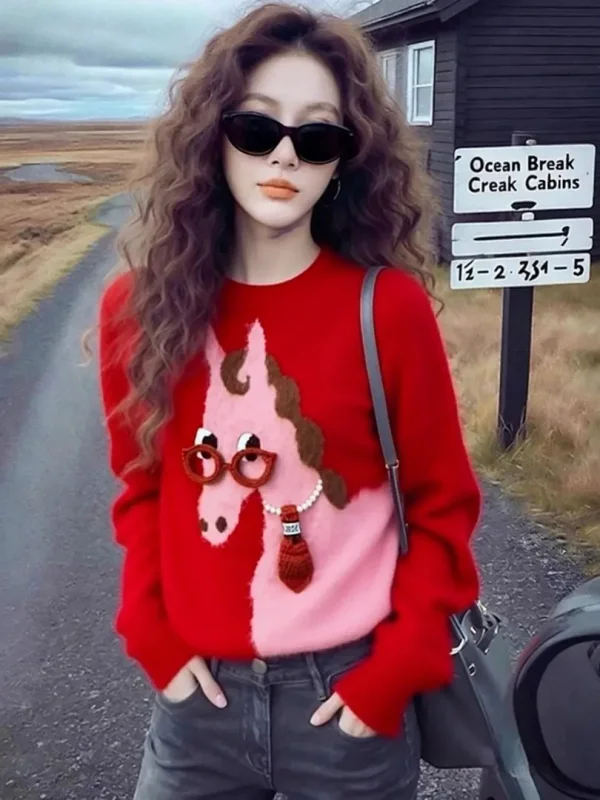 

Unique Cisas Year Red Sweater Women's Loose Fit Knitted Long Sve Comfortable Soft Winter Faion Turtlene Top