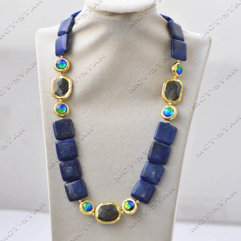 Z14050 Set 22'' 26mm Gray Moonstone Lapis lazuli Square Coin Ancient Glassware Necklace Earring