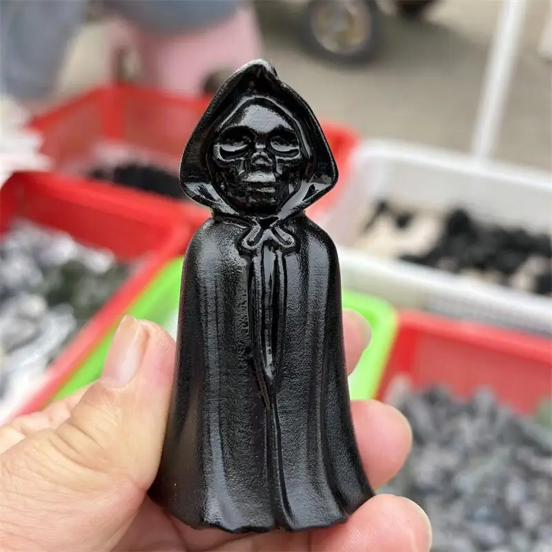 Natural Black Obsidian Wizard Death Carving Statue Crafts Animal Polished Healing Figurine Home Ornament Gift 1PCS