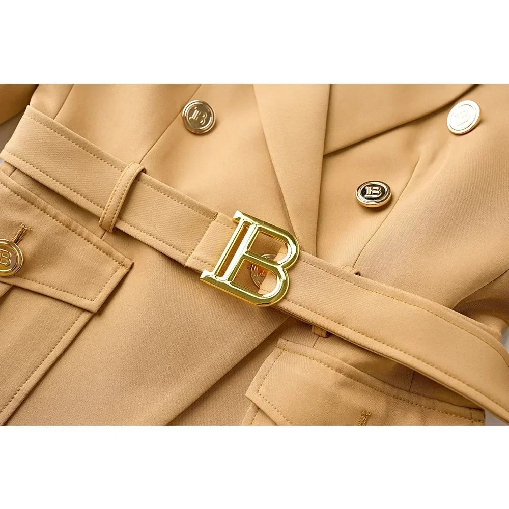 Khaki Women Suit Blazer With Belt Jacket Female Spring Office Lady Daily Work Wear Cotton Double Breasted Prom Dress Coat Outfit