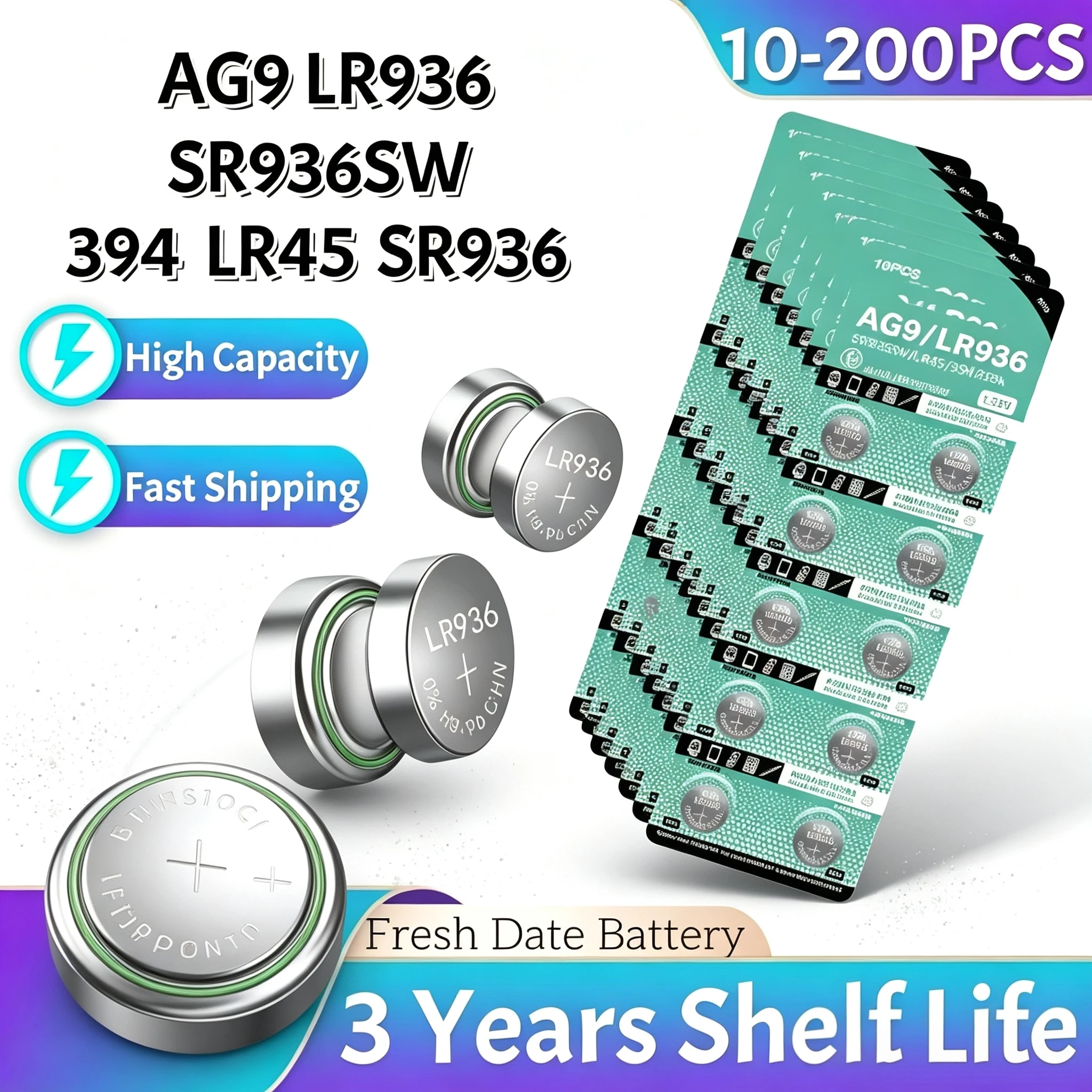 HIGH10-200PCS AG9 LR936 Button Cell Battery SR936SW 394 394A L936F 1.5V Alkaline for Calculator Thermometer Toy Watch Battery