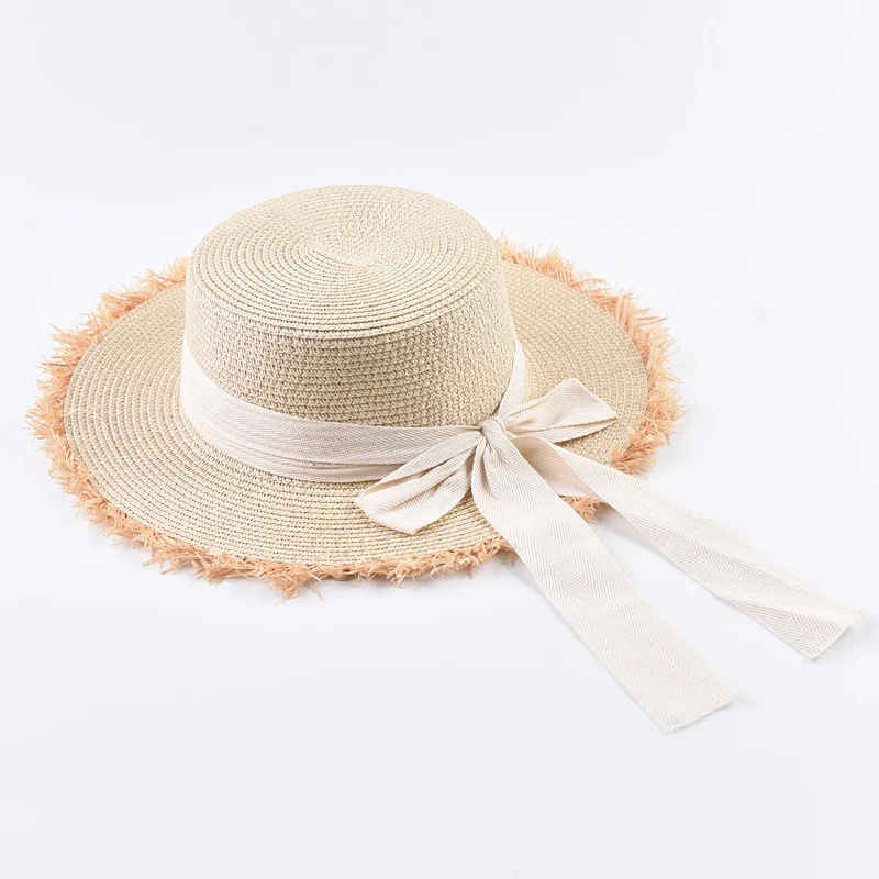 

Summer Flat Top Straw Hat For Women Elegant Bow Tie Beach Sun Protection Hat