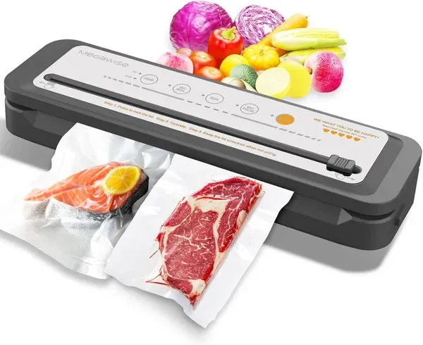 

Food Vacuum Sealer Machine with Built-in Cutter – 80kPa Suction, One-Touch Operation, 4 Food Modes, Compact Design (Silver)