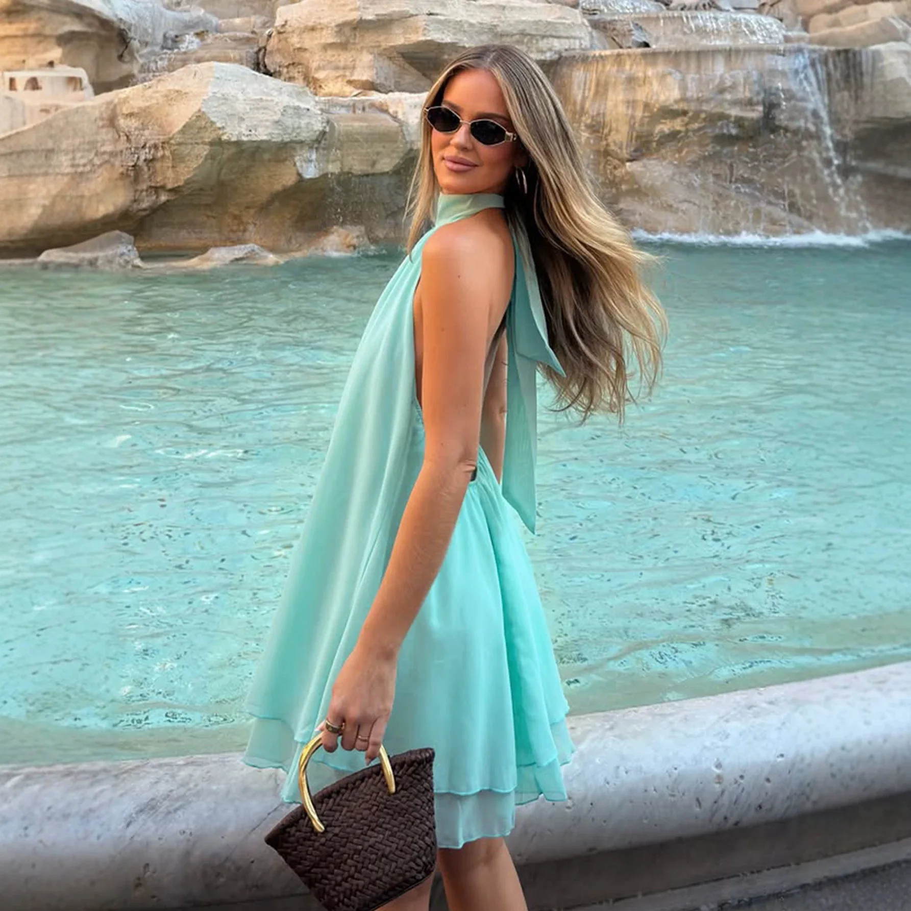 Women's Clothing Dress European And American Neck Chiffon Dress Women, Double-layer Lotus Leaf Pendulum Sleeveless Backless