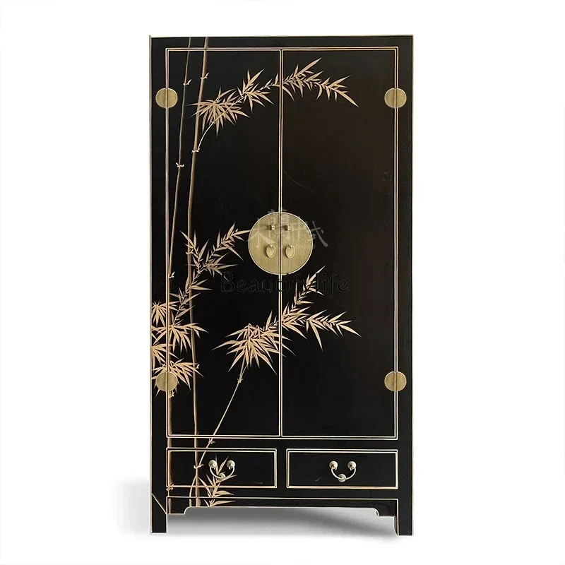 

1Chinese solid wood wardrobe black hand-painted bamboo modern simple storage large wardrobe