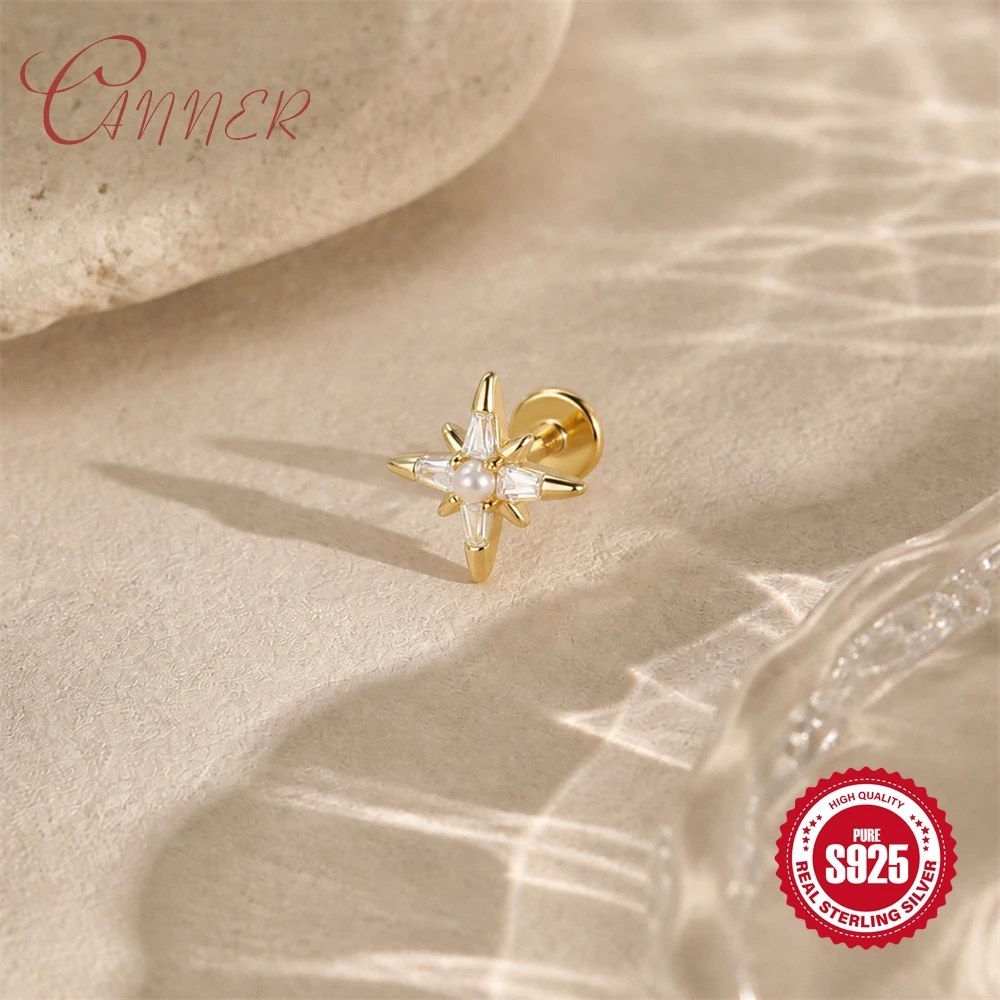 CANNER 925 Sterling Silver Smooth eight-pointed star Flat Back Piercing for Women INS Star Pendant Tassel Exquisite Mini Jewelry