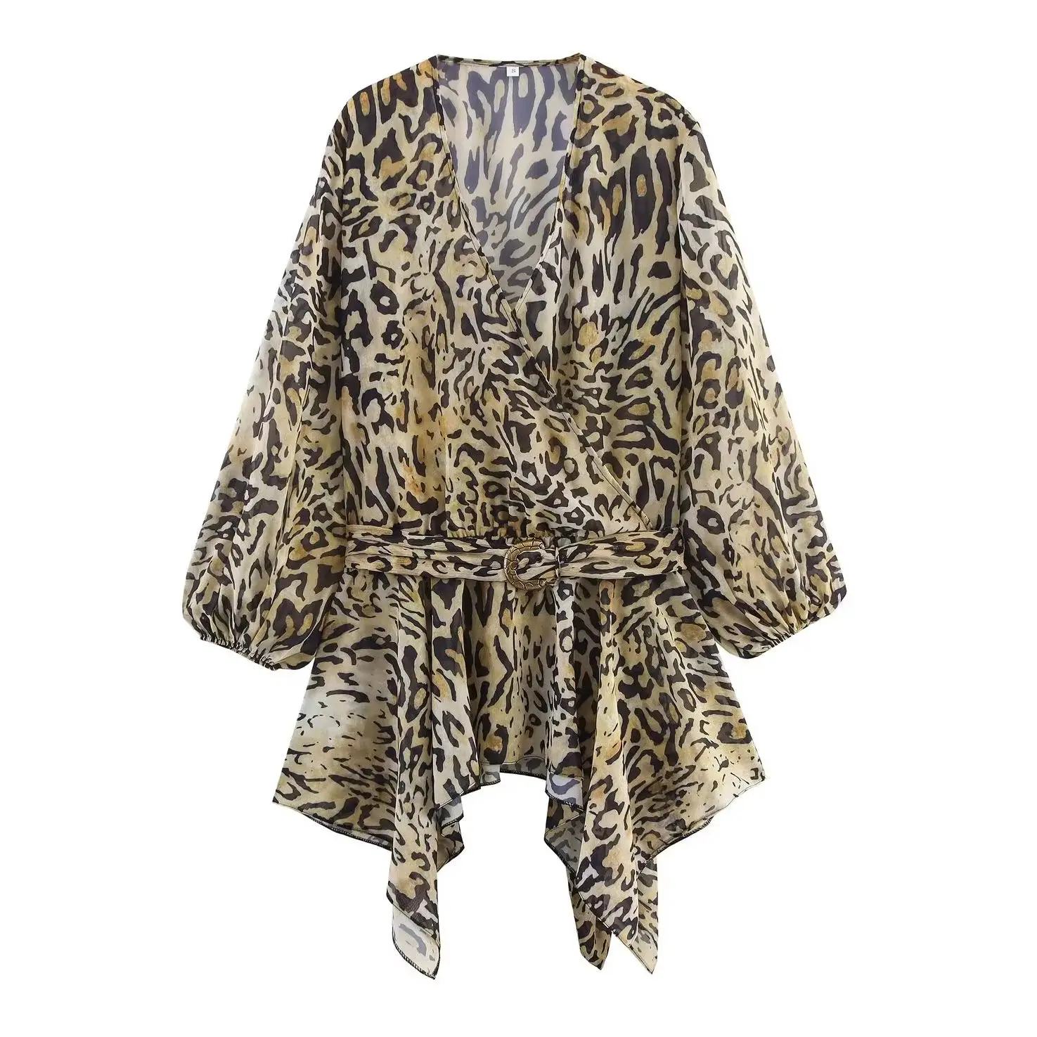 

KONDALA шикарная женская длинная блузка с леопардовым v-образным вырезом и поясом, элегантная модная осенняя плиссированная рубашка 2023 года, осенняя свободная уличная рубашка Mujer