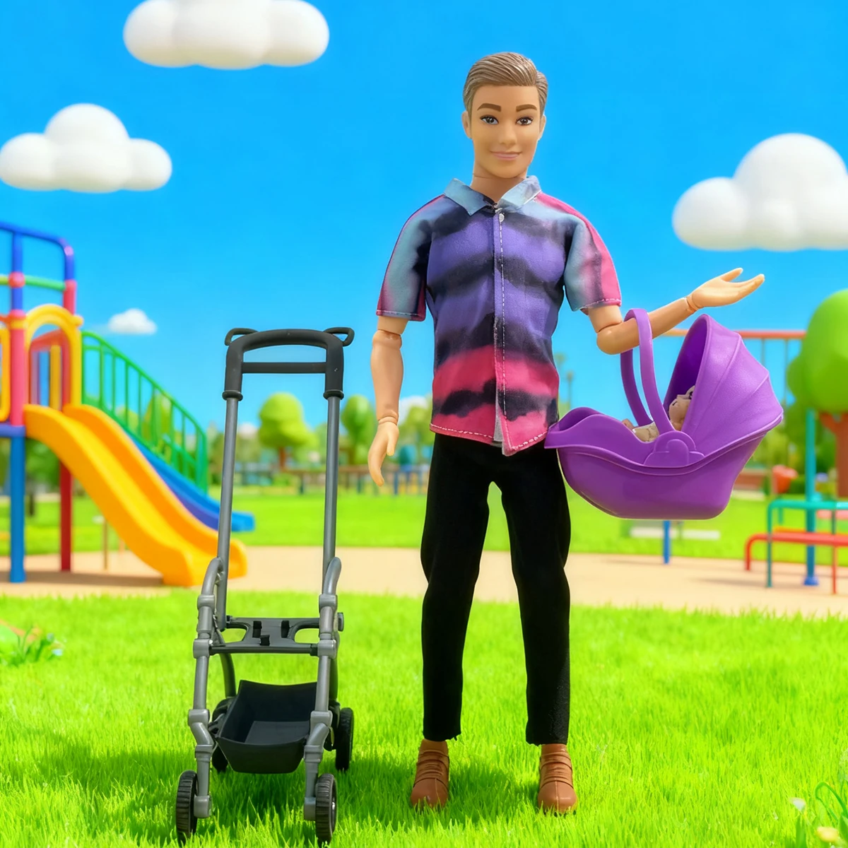 12-inch Multi-Joint posable boy Doll Playset with Detachable Swing, Rocking Horse, Stroller & Outfit - Realistic Nurture & Care