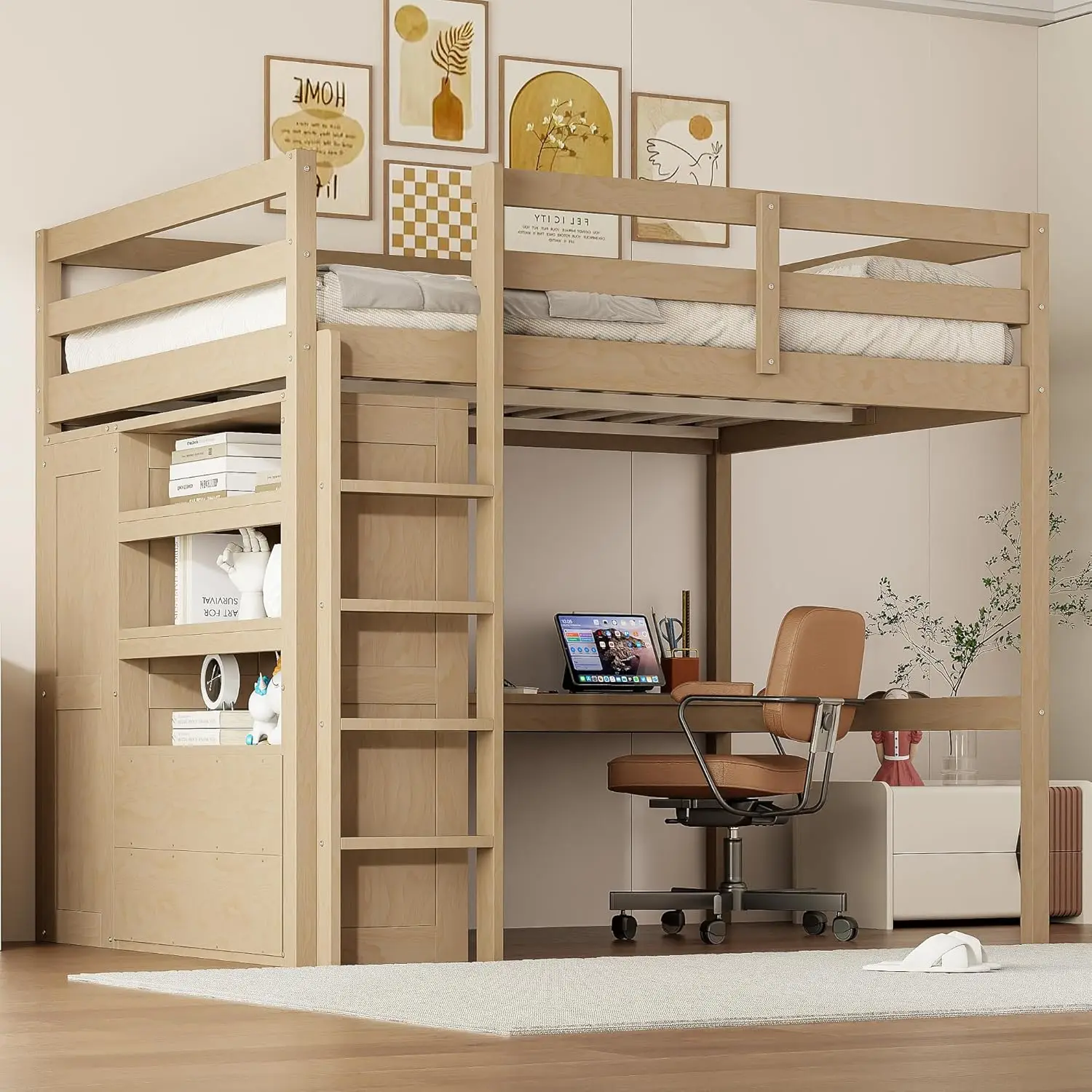 

Loft Bed with Desk & Shelves & Wardrobe & Drawers,Full Size Wood Loft Bed Frame with Guardrails and Ladder for, Customized