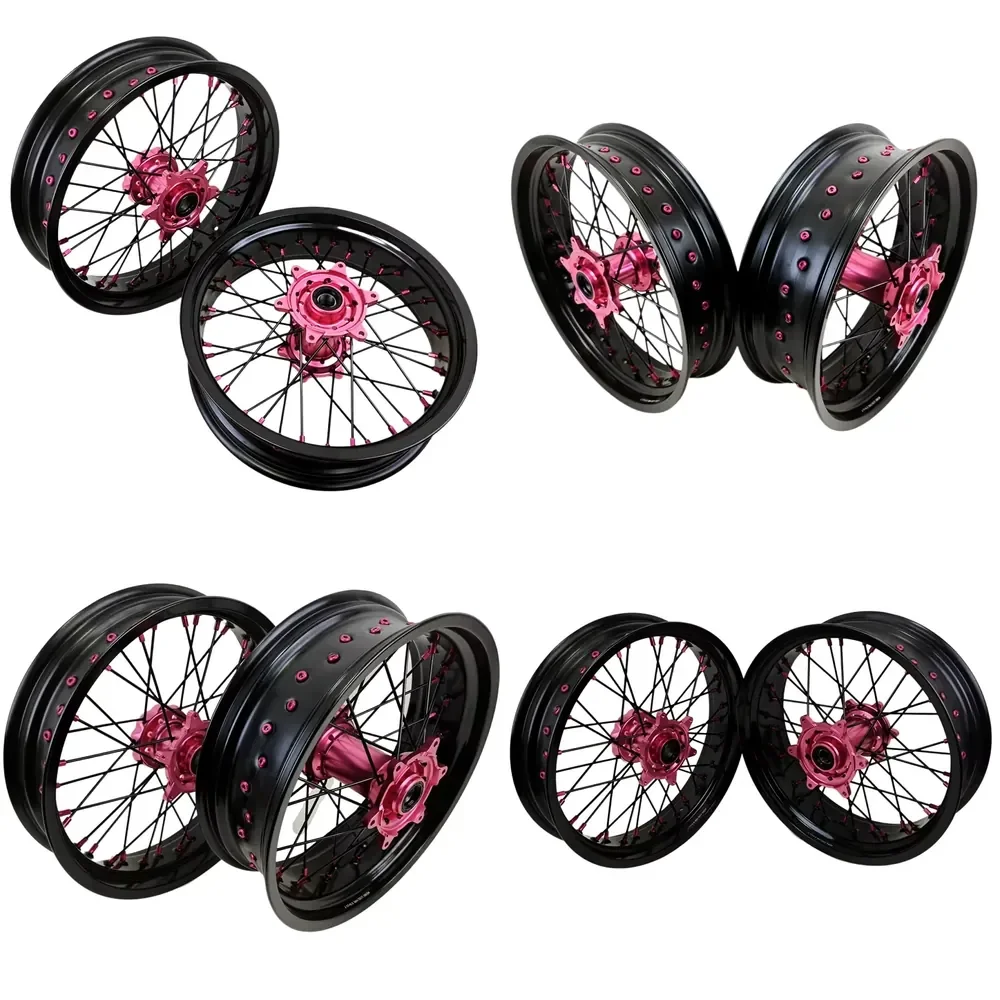 【2026 New Design】 Fit Sxf 2019 3.5-5.0 Supermoto Wheelset Dirt Bike pink Hub and Black Rims