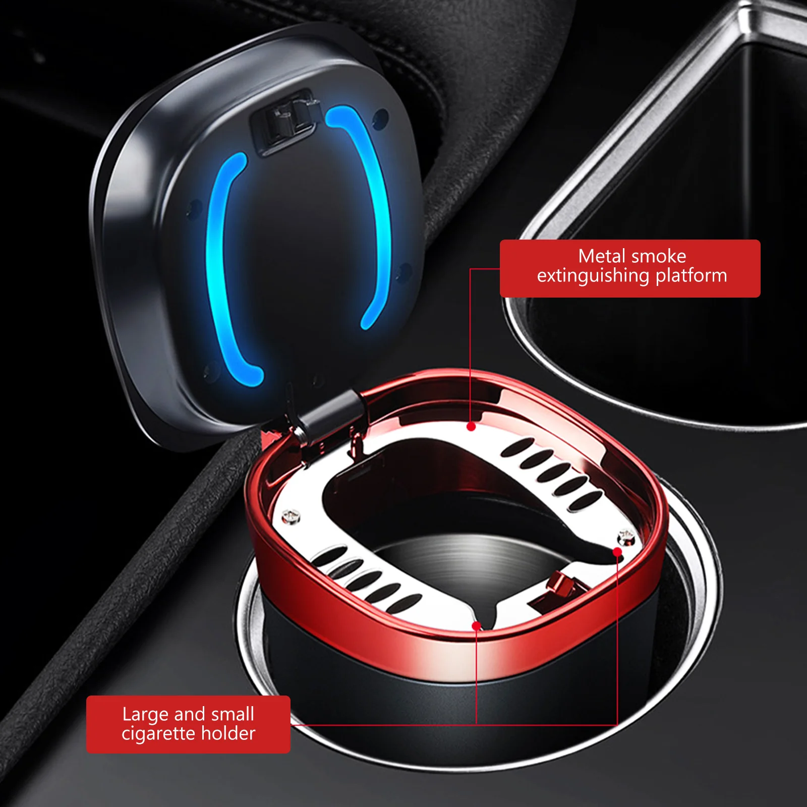 Car Ashtray Cup with Lid Anti-Odor Stainless Steel LED Light One-Click Open Car Ashtray Portable Removable Fireproof