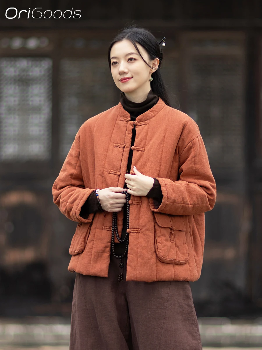 OriGoods معطف الشتاء الدافئ السميك امرأة فضفاضة تناسب القطن مبطن الشتاء سترة النمط الصيني الكتان الطقس البارد ملابس خارجية معطف C154