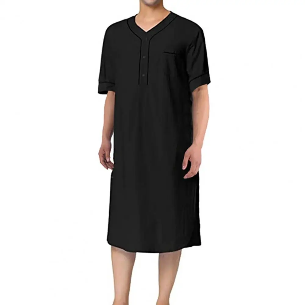 Men Nightgown Comfortable Men\'s V-neck Nightgown with Patch Pocket Solid Color Mid-calf Length Sleep Robe for Leisure Home Wear