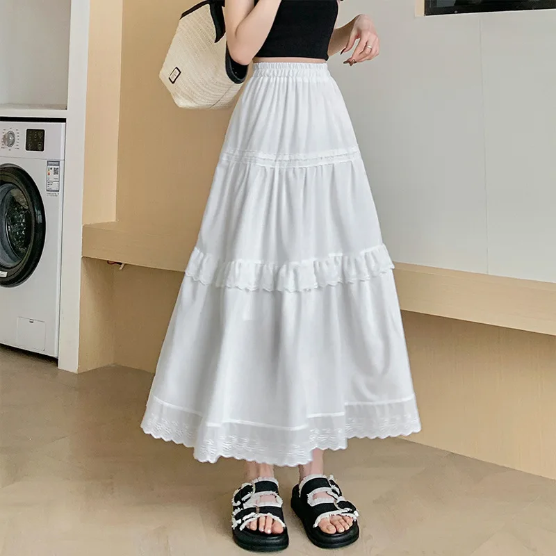 White Lace Cake Skirts Elegant High Waist Skirts for Women Autumn Mesh Tulle Pleated Skirts Female Long Midi Skirt Women Clothes