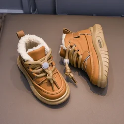 Students Ankle Boots for Winter Trendy Boys Girls Warm Boots with Pull Rope 2024 New Fashion Kids Short Boots with Fur Non-slip
