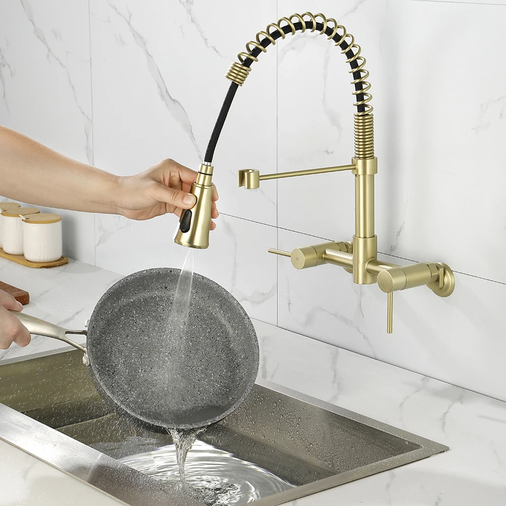 Kitchen Faucet Pull Out Brushed Nickle Stainless Steel golden Mixed Tap Sink Tap 3 Functions Wall Mounted Bridge Kitchen Faucet