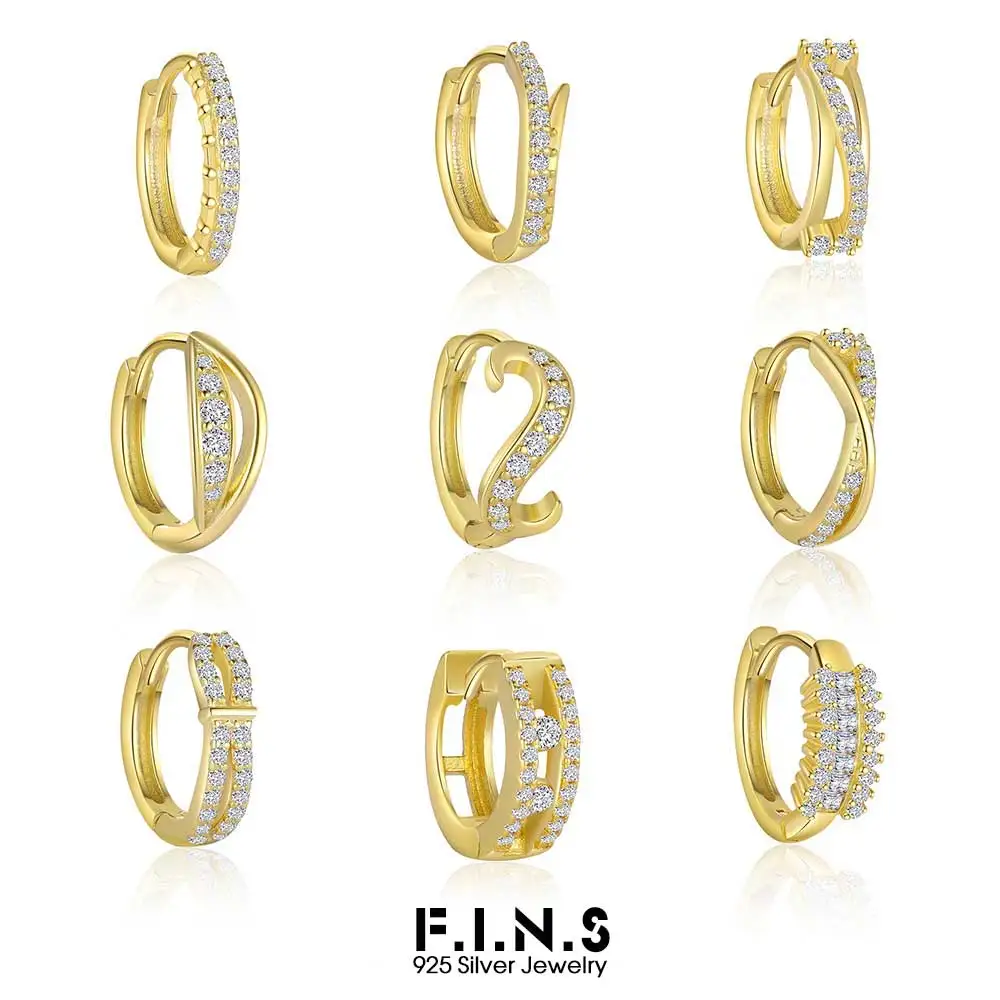 F.I.N.S Original Design S925 Sterling Silver Geometric Line Hoop Earrings Women Small Fashion Zirconia Ear Buckles Fine Jewelry