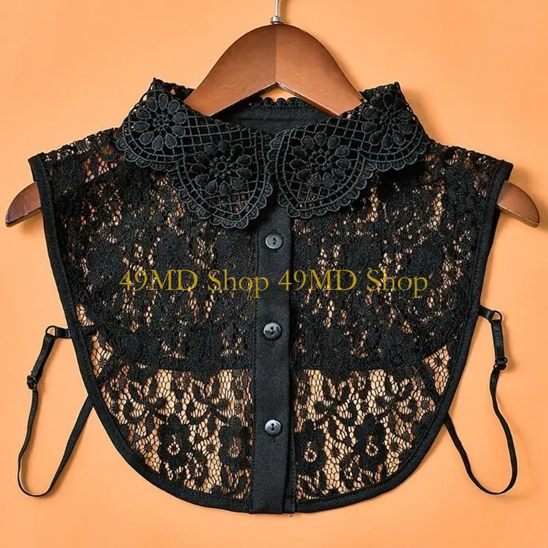 49MD Women Elegant Decorative Lapel Half Shirt Blouse Hollow Out Jacquard Floral Lace Buttons Detachable False Collar Dickey