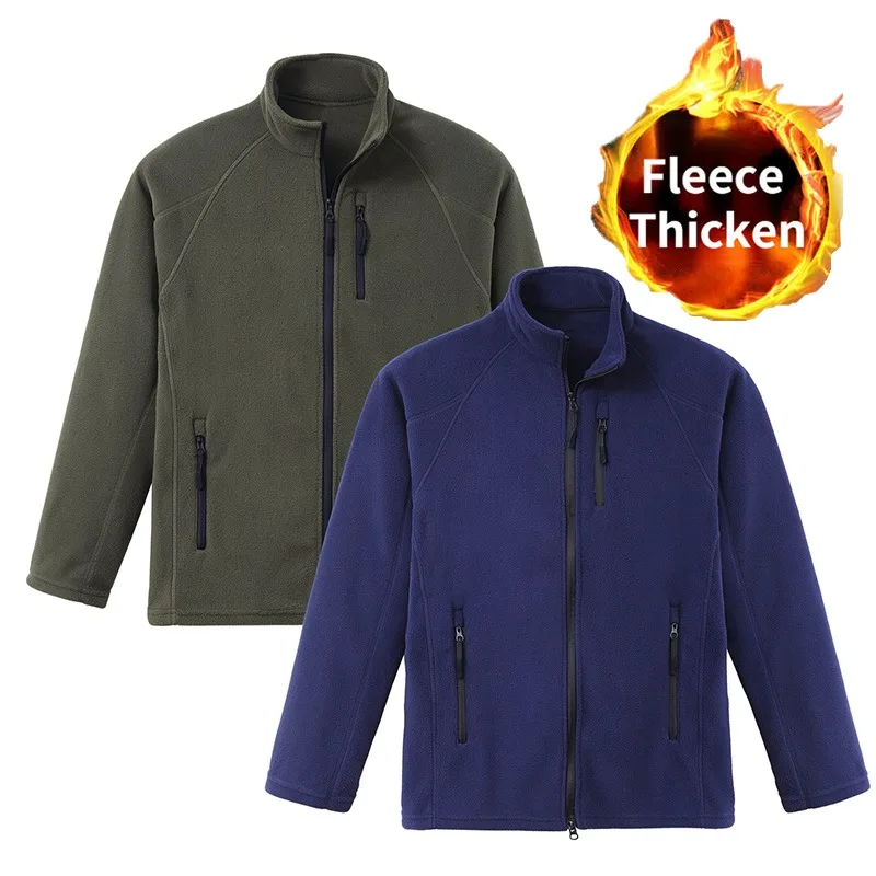 Men Fleece Jacket Full Zip Stand Collar Warm Fleece Coat Multi Zipper Pockets Outdoor Hiking Camping Winter Outerwear for Men
