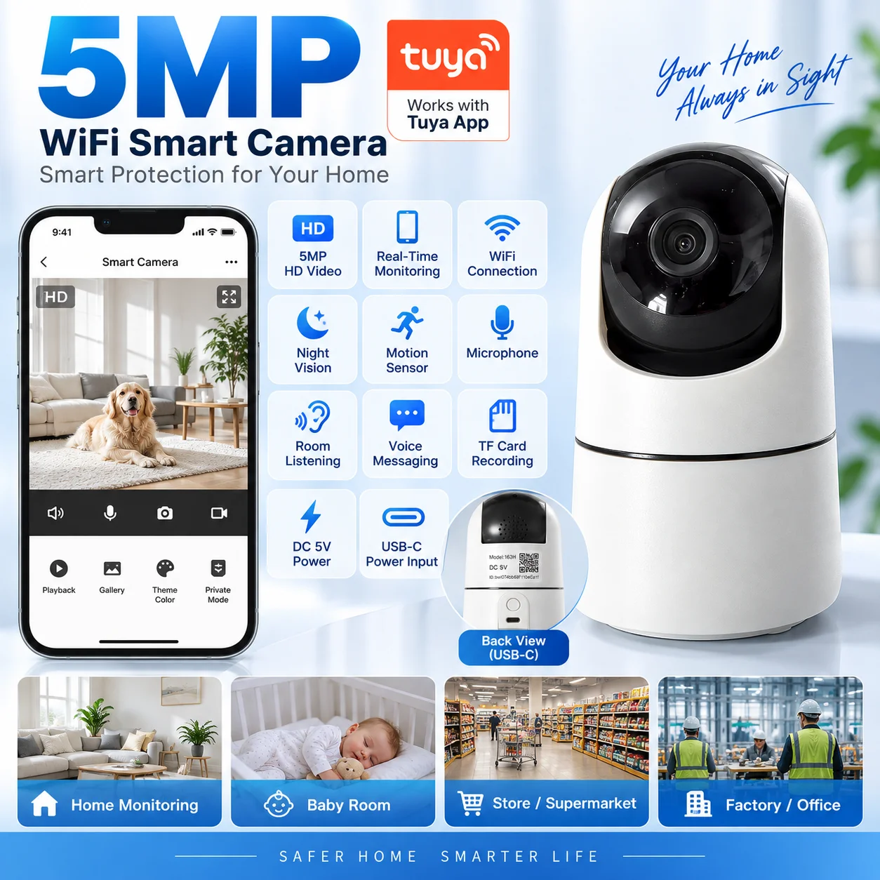 5mp、5ghz-wi-fi対応、tuya製ベビーモニター、屋内用、自動追跡機能、6倍ズーム、赤外線暗視機能、スマートホーム監視カメラ。