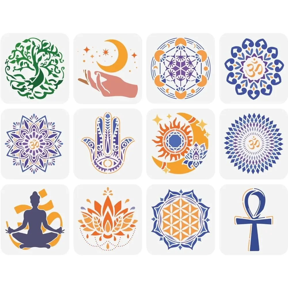 12 Pcs Sacred Geometry Stencil 5.9x5.9 inch Mandala Themed Stencil Plastic Yoga Lotus Flowers Tree of Life Hamsa Hand Sun Moon