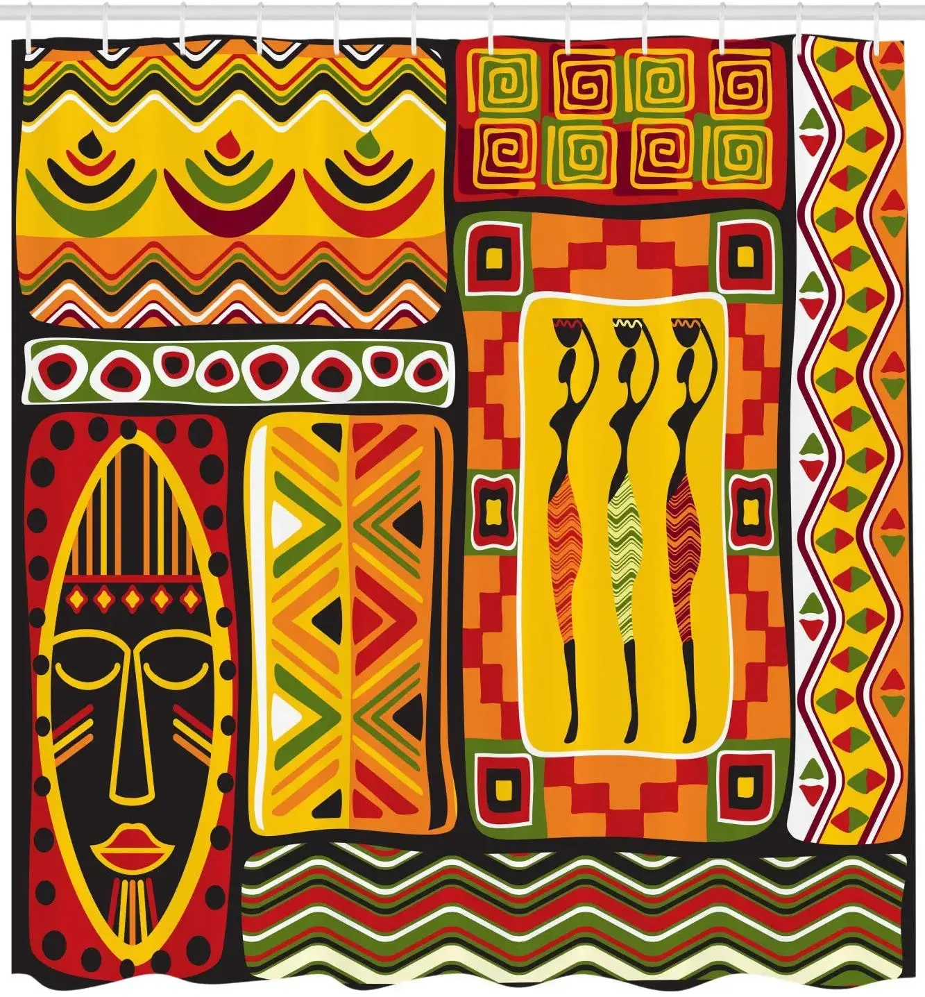 African Elements Decorative Historical Original Striped and Rectangle Shapes Artsy Work Polyester Bathroom Curtain