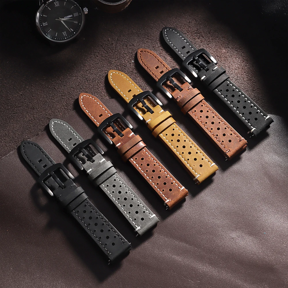 18mm 19mm 20mm 21mm 22mm 24mm Breathable Porous Vintage Leather Watch Strap for Women Men Cowhide Bands Quick Release Bracelets