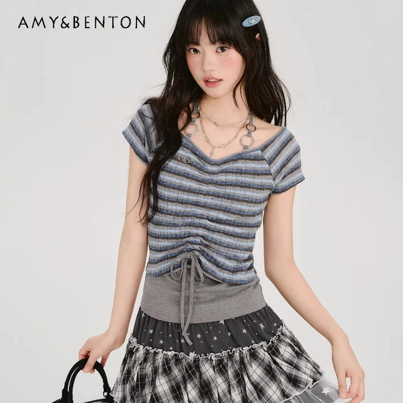 

2025 New Y2K Women's Striped Ruched Drawstring Crop Top V Neck Slimming Retro Design Short Sleeved Fake Two Piece T-shirt Ladies
