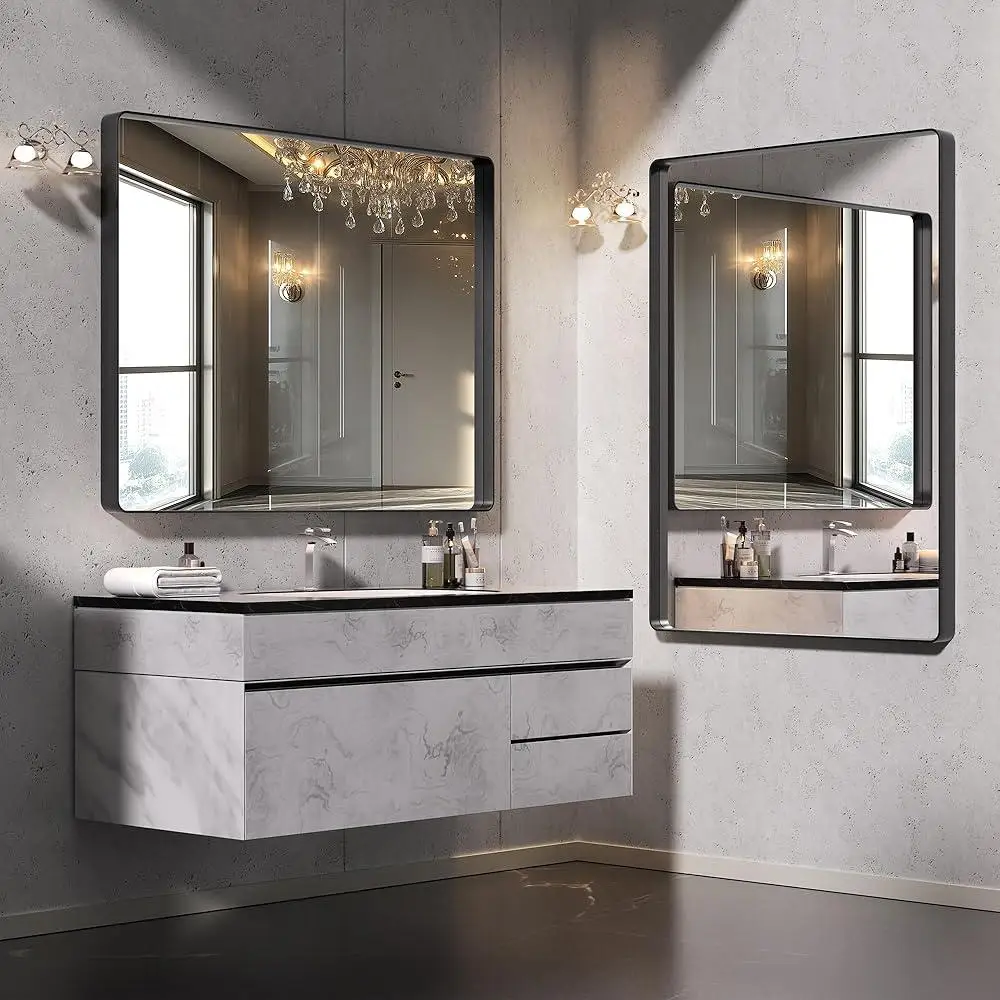 2 PCS Large Wall Mounted Bathroom Mirror High Definition Reflection Aluminum Frame Easy Installation Home Decoration
