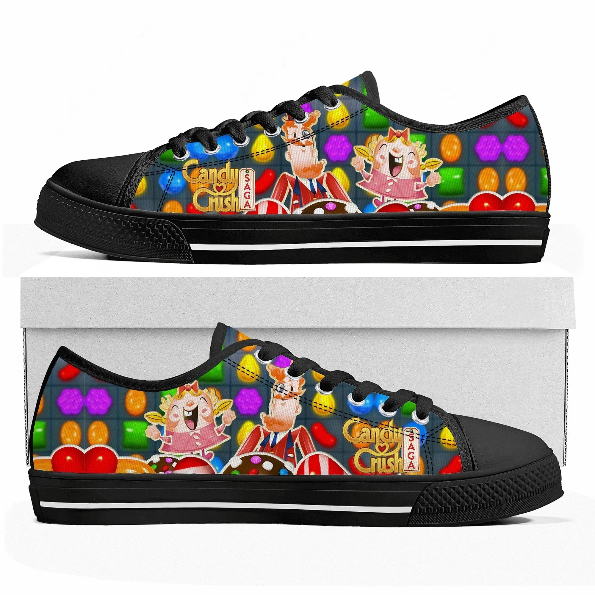 Tênis Candy Crush Saga Low Top para homens, mulheres e adolescentes, tênis de lona de alta qualidade, tênis casual personalizado para casal, sola preta