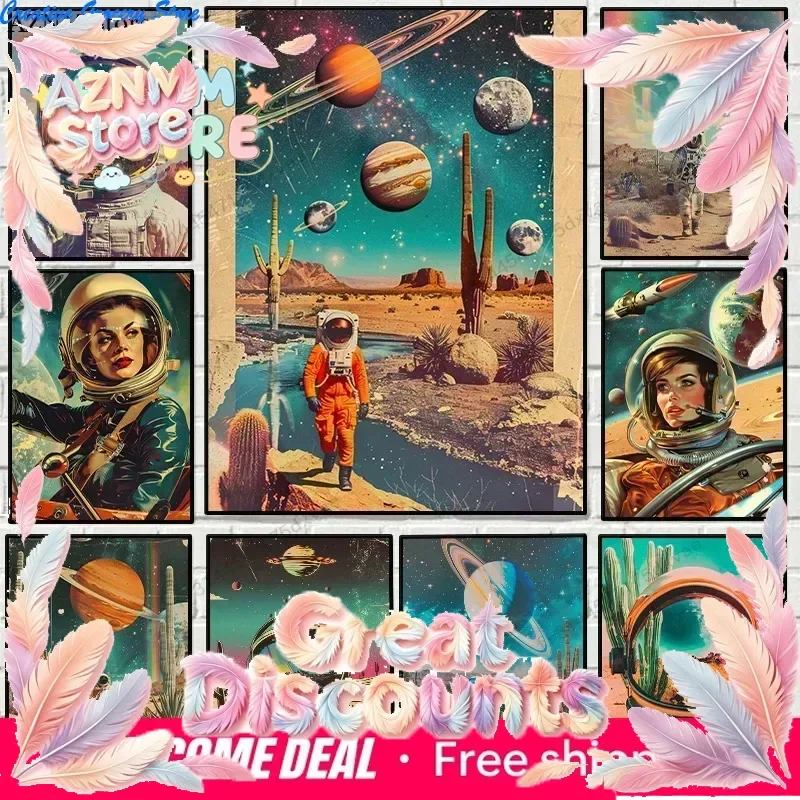 Vintage Space Travel Poster Astronaut Retrofuturism Polariod Planets UFO Scifi Canvas Painting Wall Art Living Room Home Deco
