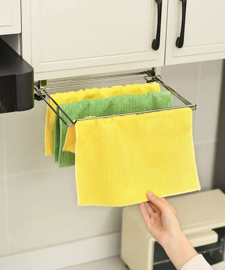 yesHeMu Pull Out Stainless Steel Towel Rack, Over Cabinet Hanging Dish Cloth Holder, Space Saving Kitchen Rag Storage Organizer