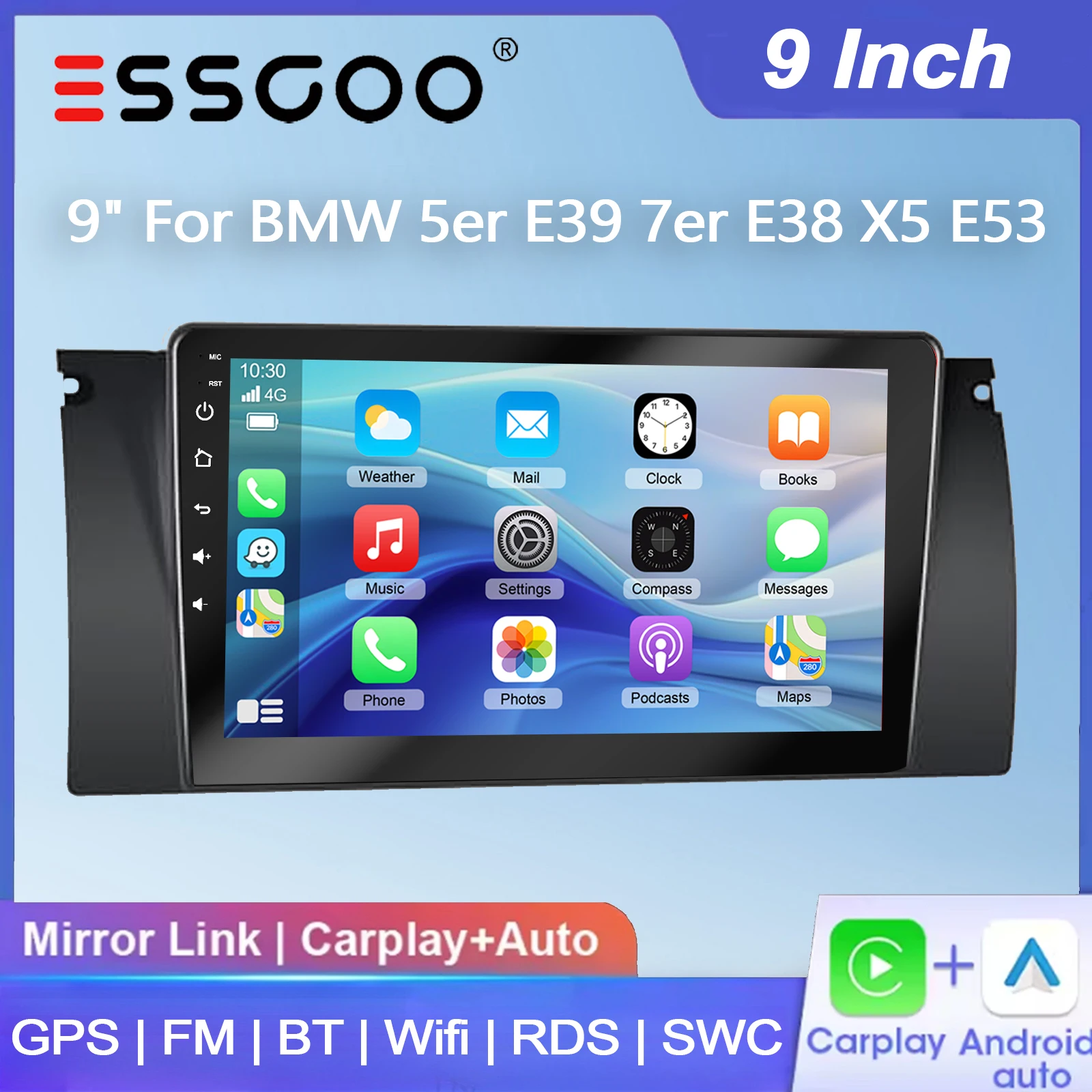 ESSGOO 9" Android 15 2+16G/4+64G Autoradio für BMW 5er E39 X5 E53 E38 GPS-Navigation Wireless Carplay Android Auto FM BT WiFi RDS SWC Mirror Link ASP Multimedia-Videoplayer IPS Touchscreen Head Unit