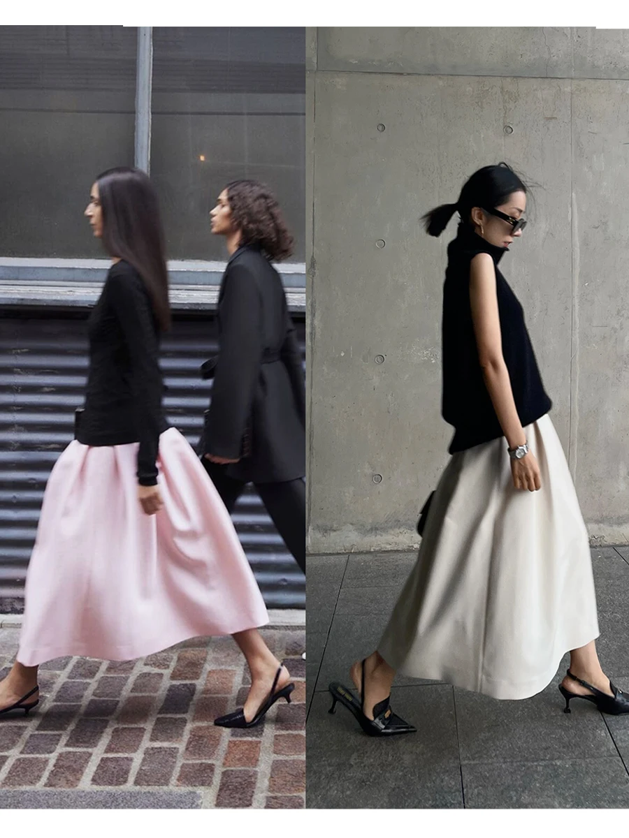 กระโปรงร่ม Ele Classic ยาวถึงเข่า อเนกประสงค์ จีบพาด A-Line ความยาว f โพลีเอสเตอร์ วิสโคส สแปนเด็กซ์ผสม