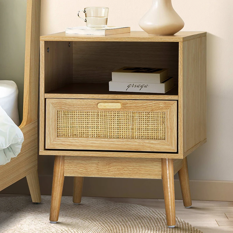 Modern One Drawer Sofa Side Table Wooden Rattan Nightstand Bedside Table