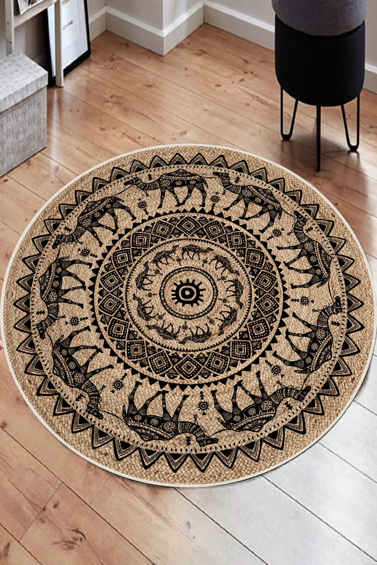 DOLBOVI round wicker pattern digital printing washable non-slip base thin living room kitchen balcony bathroom carpet