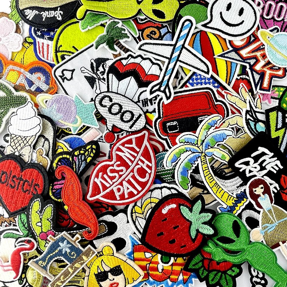 100Pcs Random Mix Iron on Patches for Clothing Decoration Embroidery Applique Supplies Decorative Fabric Patch Cloth Sticker