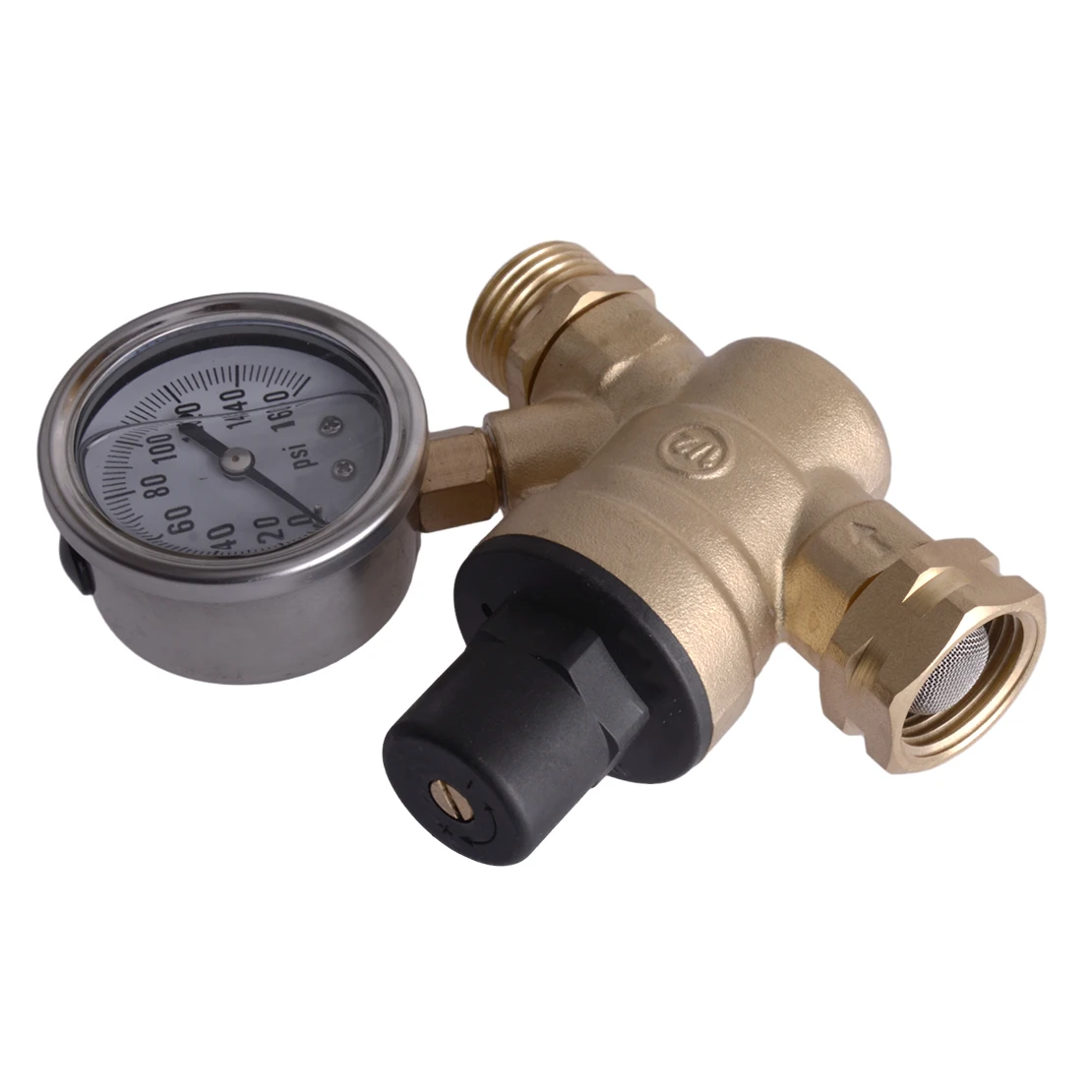 Universal RV Camper Travel Trailer Adjustable Reducer Water Pressure Regulator with Valve Gauge 14F-200F Brass Lead 3/4