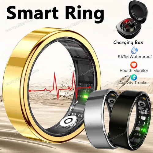 Imagen 1 del producto Nuevo Anillo inteligente R09 para hombres y mujeres con estuche de carga, frecuencia cardíaca, oxígeno en sangre, Monitor de temperatura de la piel, resistente al agua 5ATM para Android IOS